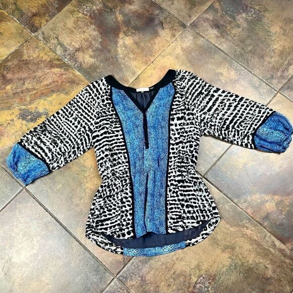 Calvin Klein Animal Print Color Block Flowy Semi-Sheer Blouse Large - Picture 4 of 11